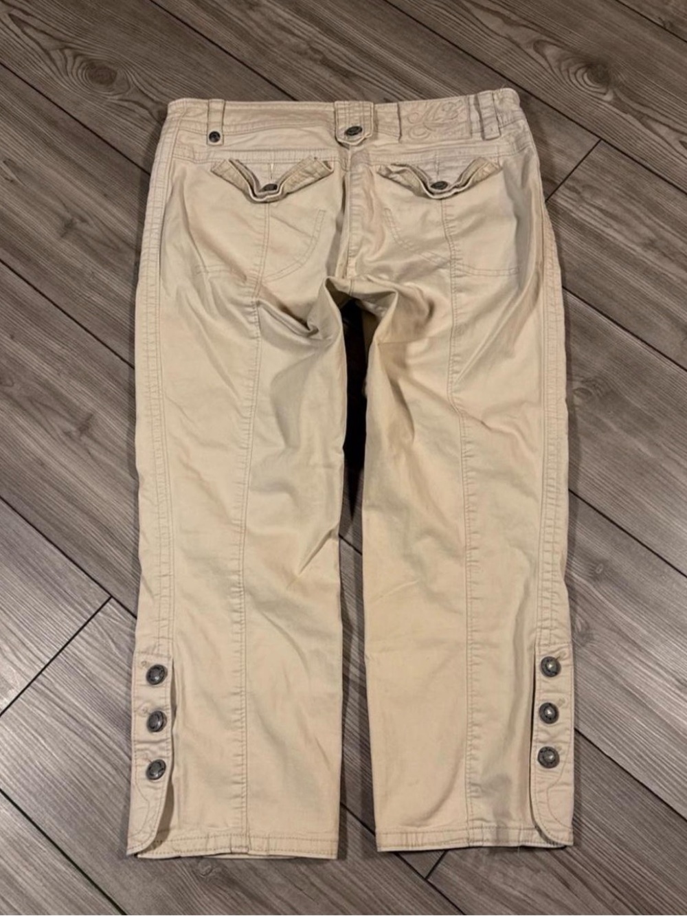 Beige Button-Cuff Crop Pants
